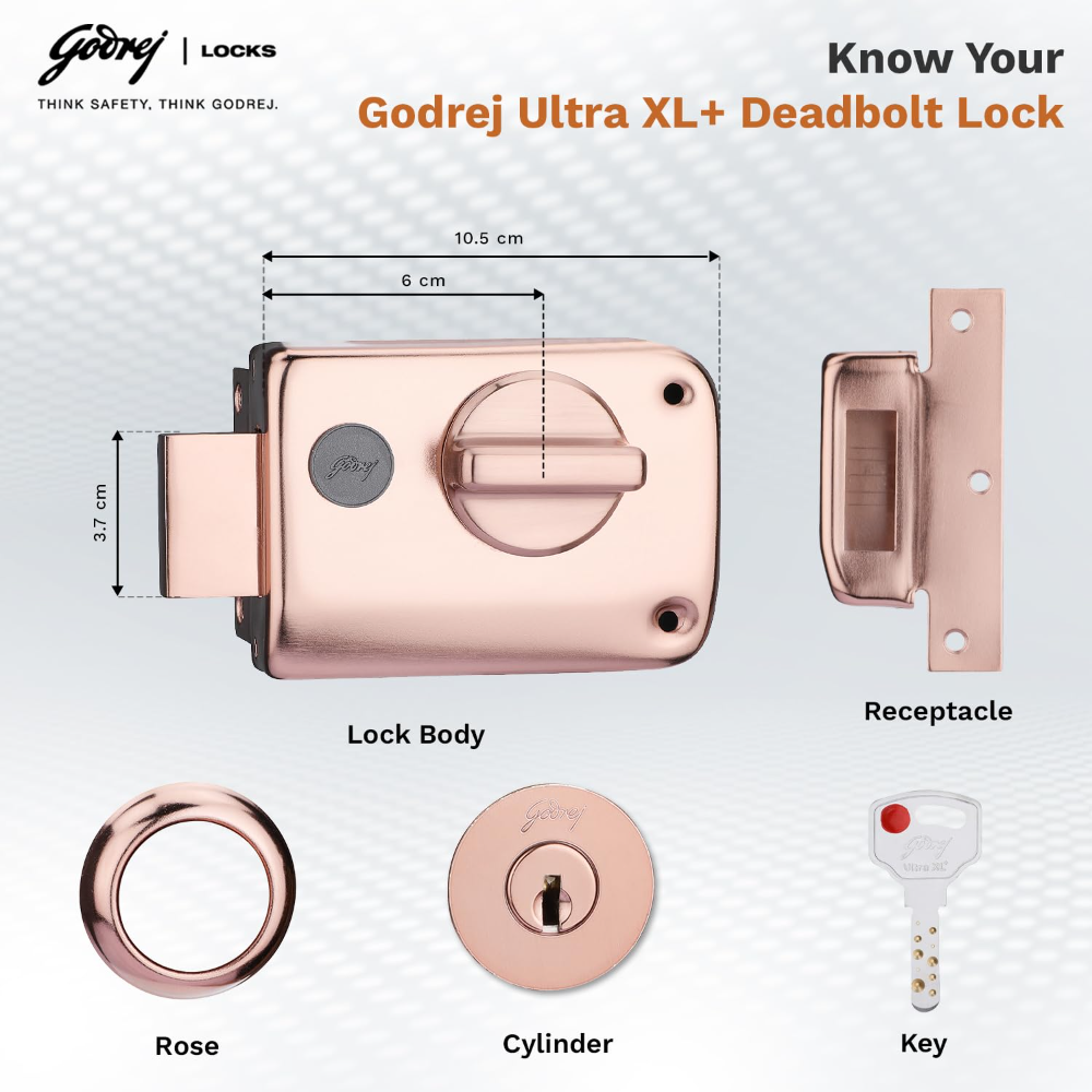 Godrej Rim Lock I Rim Deadbolt Ultra XLplus I 1CK Deadbolt I for Inside Opening Wooden Door | Left or Right Handed Doors I 4 Keys I 5-Year Warranty I Manual Locking l Rose Gold Finish